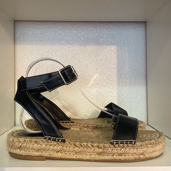 Urban Outfitters Black Leather Espadrille Sandals Ankle Strap Jute Sole Summer - Picture 4 of 14